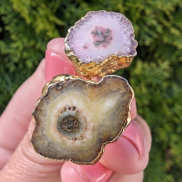 Artisan Handmade In Morocco Adjustable Boho Chic Double Geode Gold Ring Size 10 - Picture 7 of 8